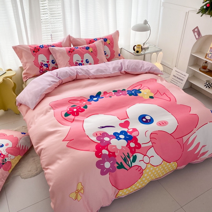 91家纺网 家纺一手货源 找家纺 一电 2026新款卡通被套单件被罩男女儿童学生宿舍单人被单男孩卡幼儿园单人被罩-2.磨毛被套 花朵狐