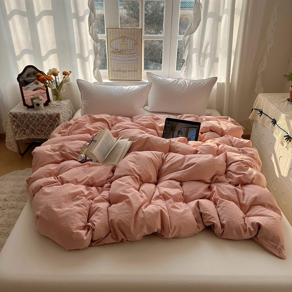 91家纺网 家纺一手货源 找家纺 六巷胡同 2026新款A类全棉纯棉水洗棉色织格子单品被套 被套单件 觅影-粉格