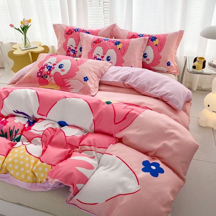 91家纺网 家纺一手货源 找家纺 一电 2026新款卡通被套单件被罩男女儿童学生宿舍单人被单男孩卡幼儿园单人被罩-2.磨毛被套 花朵狐