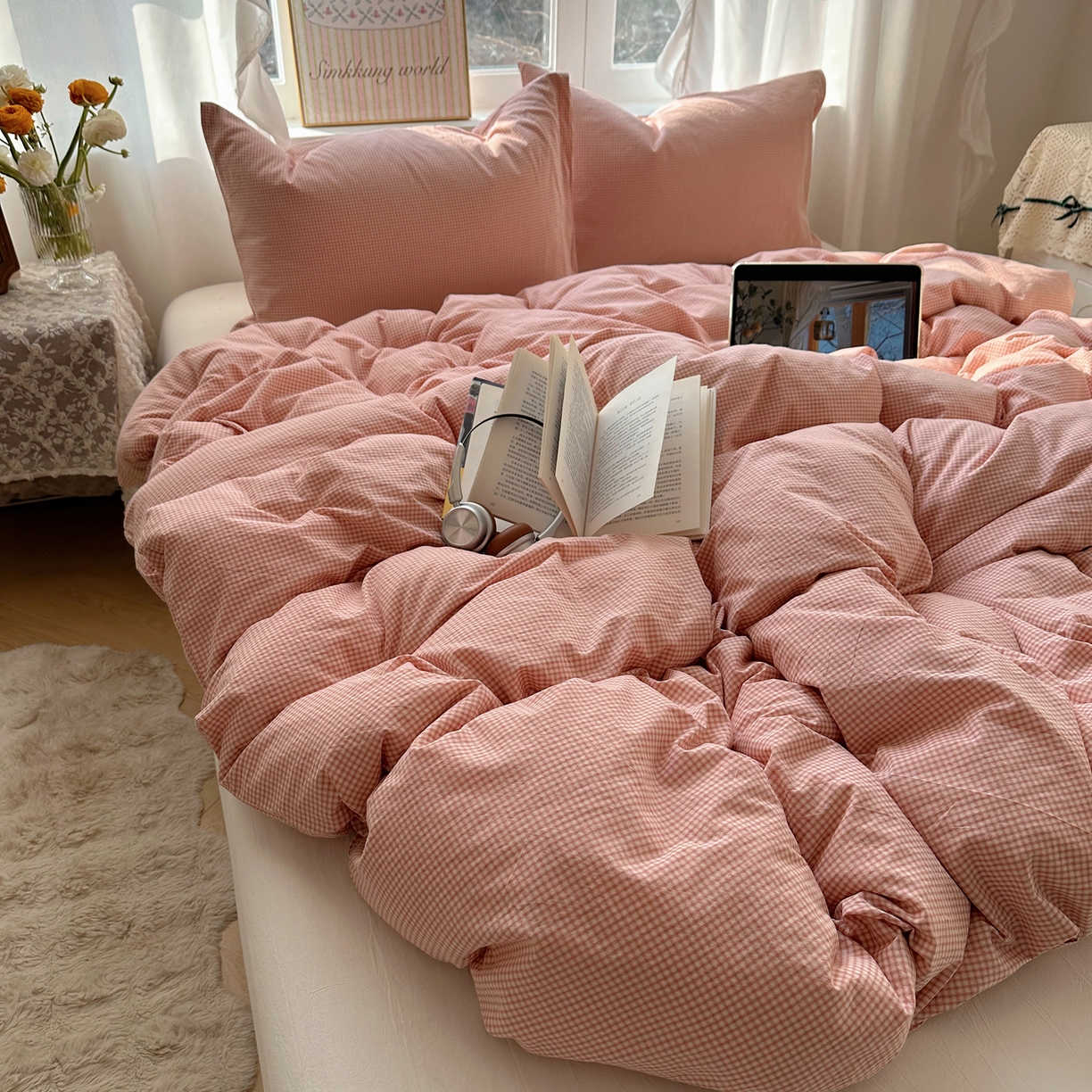 91家纺网 家纺一手货源 找家纺 六巷胡同 2026新款A类全棉纯棉水洗棉色织格子单品被套 被套单件 觅影-粉格