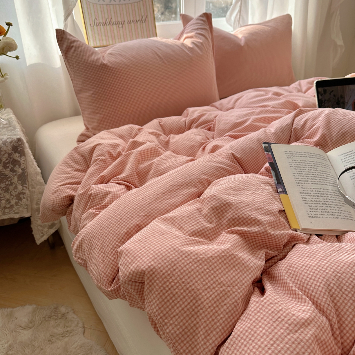 91家纺网 家纺一手货源 找家纺 六巷胡同 2026新款A类全棉纯棉水洗棉色织格子单品被套 被套单件 觅影-粉格