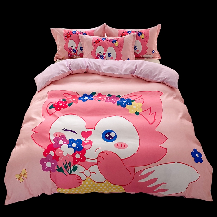 91家纺网 家纺一手货源 找家纺 一电 2026新款卡通被套单件被罩男女儿童学生宿舍单人被单男孩卡幼儿园单人被罩-2.磨毛被套 花朵狐