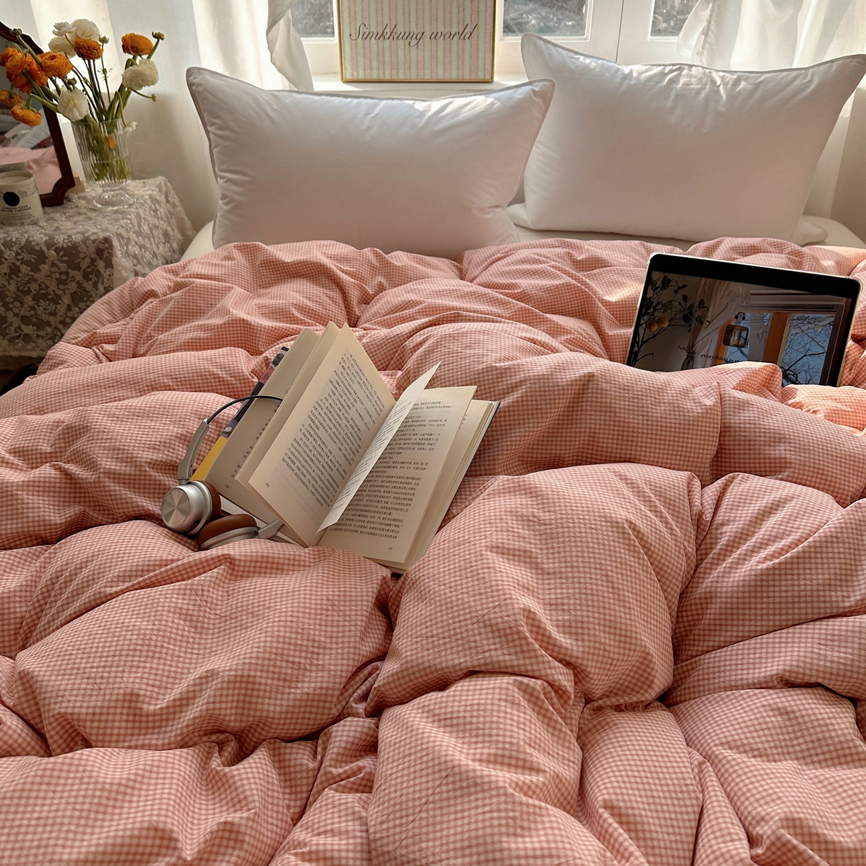 91家纺网 家纺一手货源 找家纺 六巷胡同 2026新款A类全棉纯棉水洗棉色织格子单品被套 被套单件 觅影-粉格