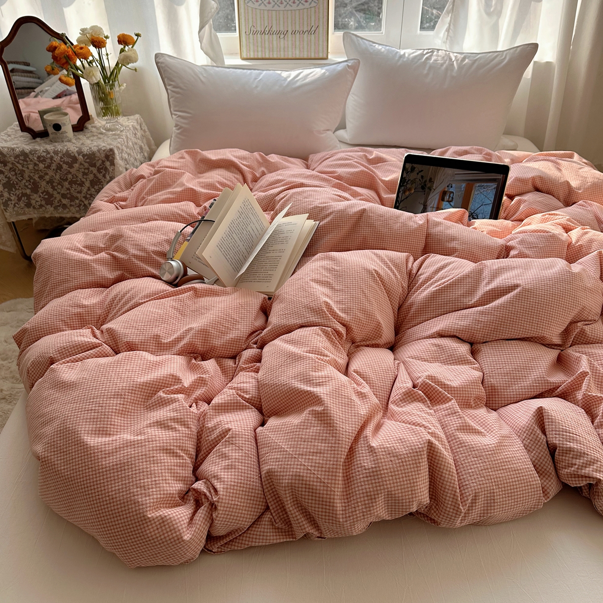91家纺网 家纺一手货源 找家纺 六巷胡同 2026新款A类全棉纯棉水洗棉色织格子单品被套 被套单件 觅影-粉格