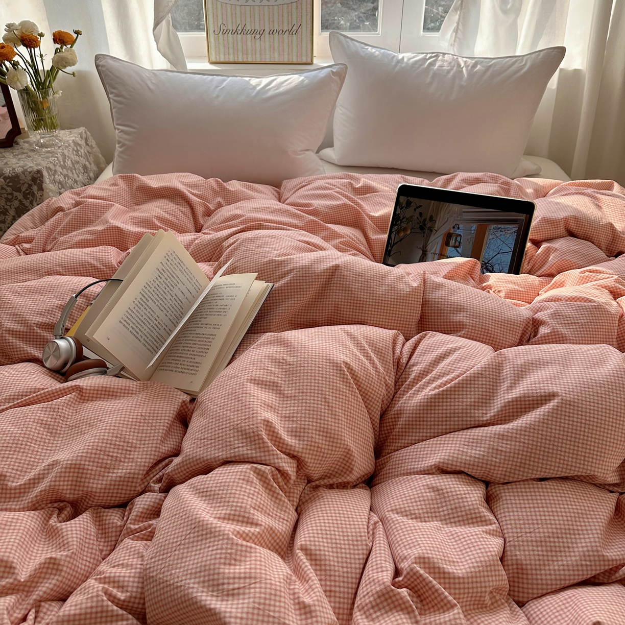 91家纺网 家纺一手货源 找家纺 六巷胡同 2026新款A类全棉纯棉水洗棉色织格子单品被套 被套单件 觅影-粉格
