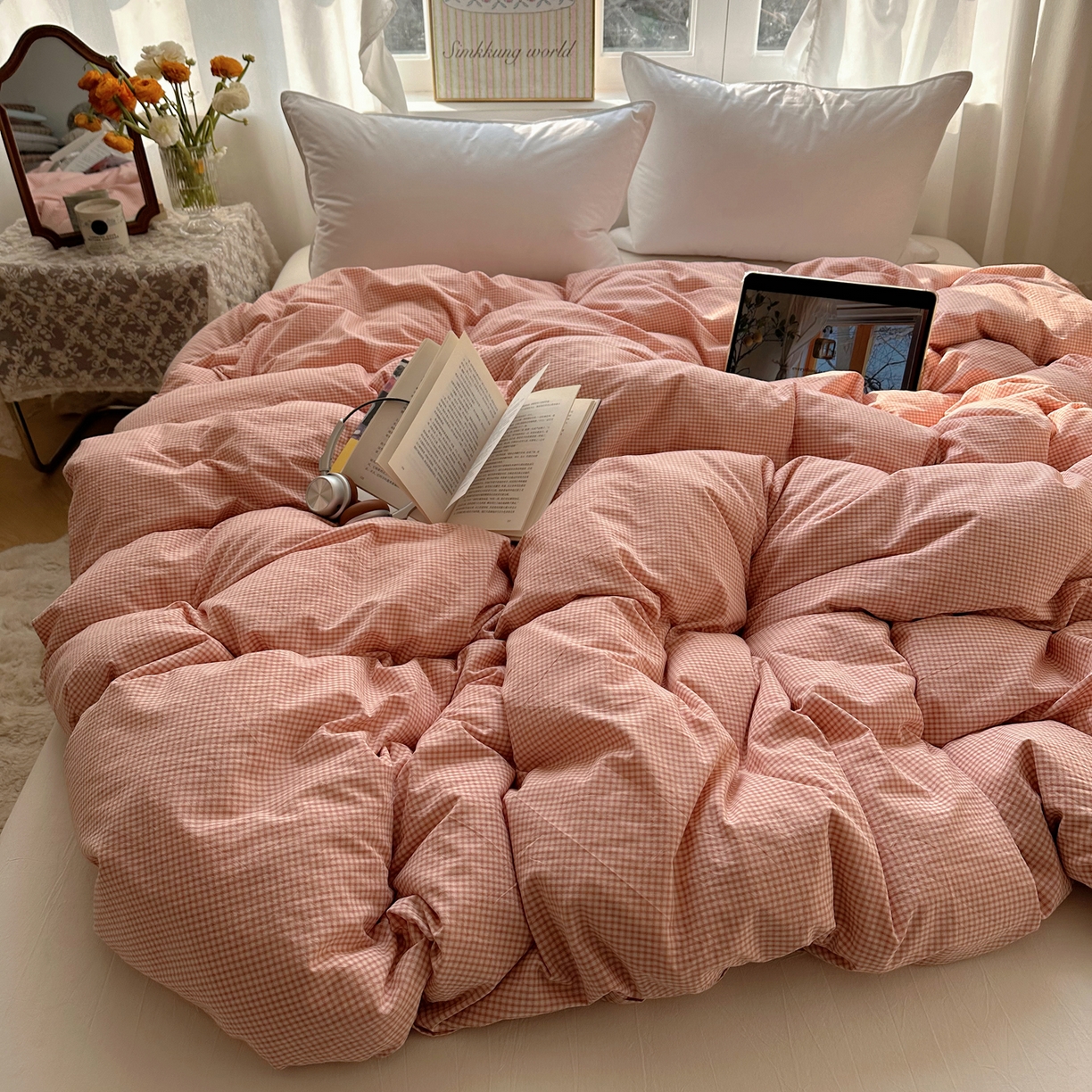 91家纺网 家纺一手货源 找家纺 六巷胡同 2026新款A类全棉纯棉水洗棉色织格子单品被套 被套单件 觅影-粉格