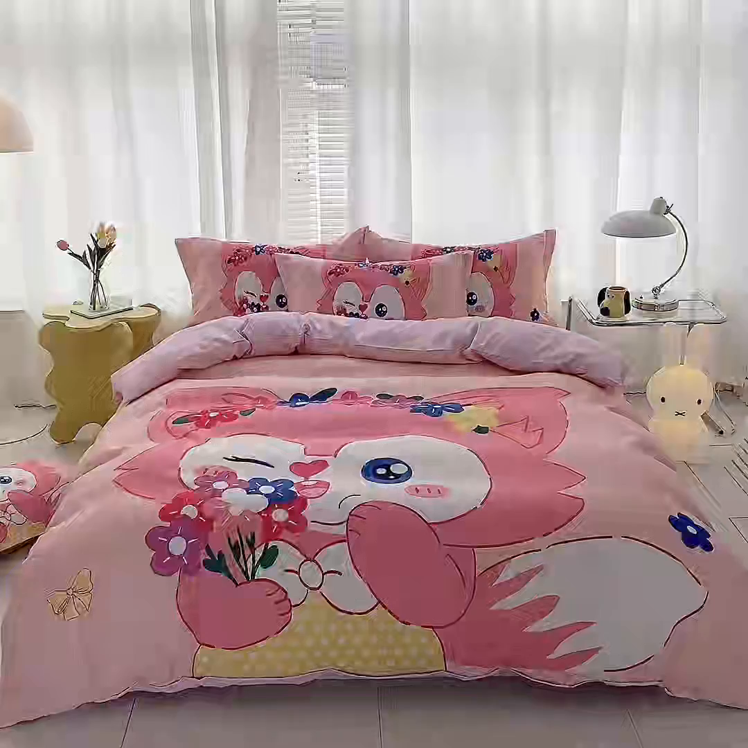 91家纺网 家纺一手货源 找家纺 一电 2026新款卡通被套单件被罩男女儿童学生宿舍单人被单男孩卡幼儿园单人被罩-2.磨毛被套 花朵狐