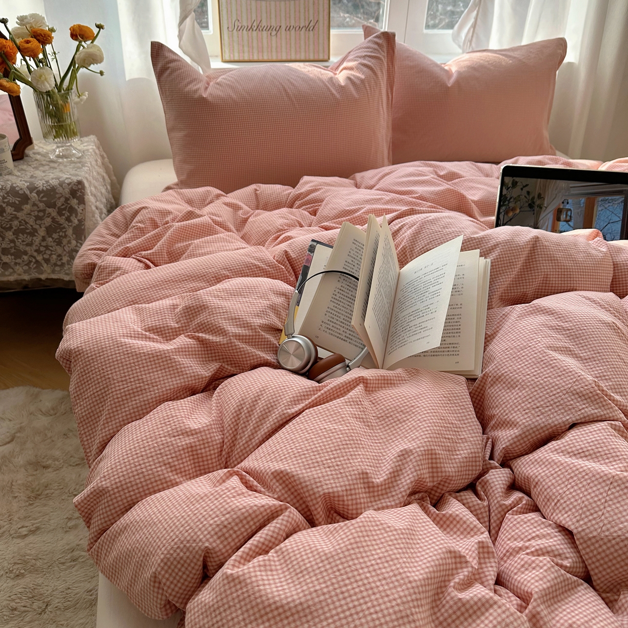 91家纺网 家纺一手货源 找家纺 六巷胡同 2026新款A类全棉纯棉水洗棉色织格子单品被套 被套单件 觅影-粉格