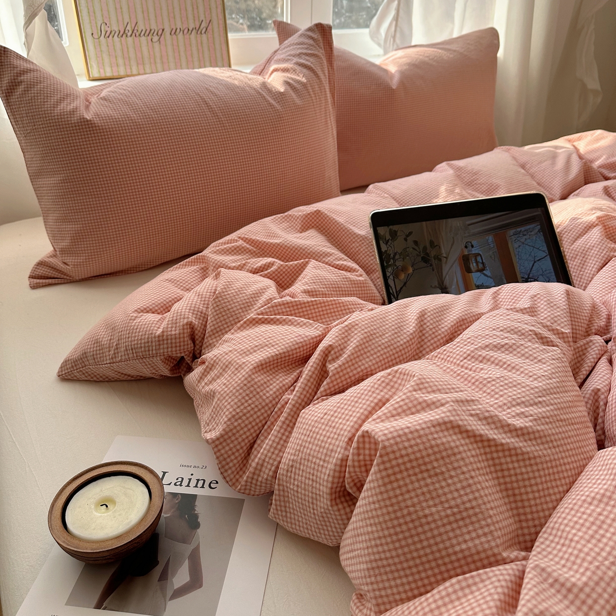 91家纺网 家纺一手货源 找家纺 六巷胡同 2026新款A类全棉纯棉水洗棉色织格子单品被套 被套单件 觅影-粉格