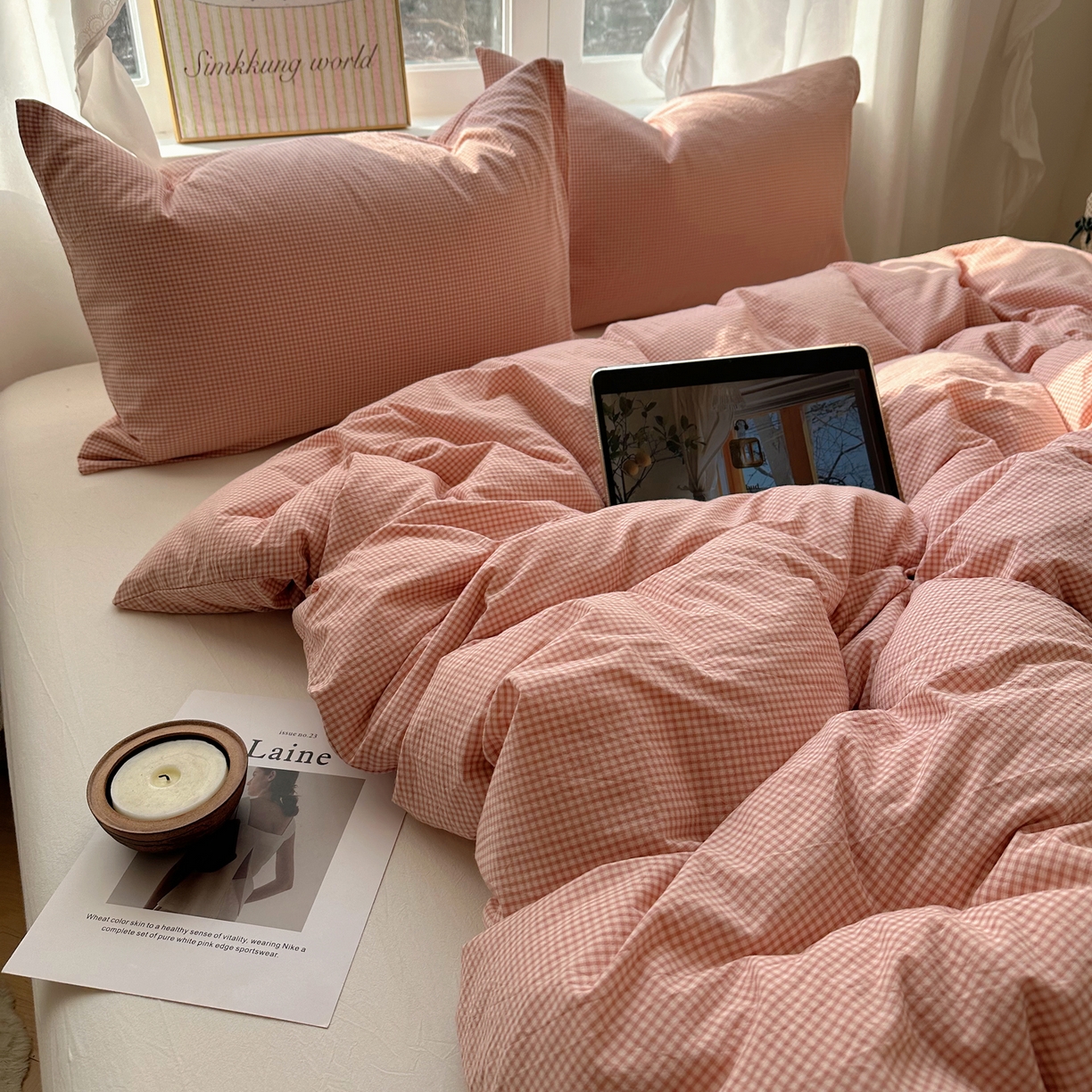 91家纺网 家纺一手货源 找家纺 六巷胡同 2026新款A类全棉纯棉水洗棉色织格子单品被套 被套单件 觅影-粉格