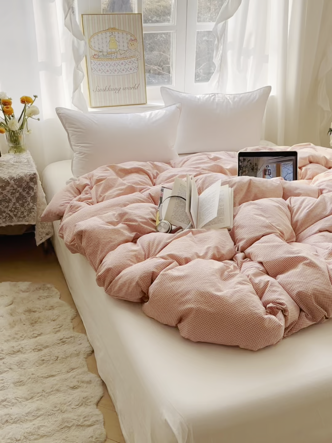91家纺网 家纺一手货源 找家纺 六巷胡同 2026新款A类全棉纯棉水洗棉色织格子单品被套 被套单件 觅影-粉格