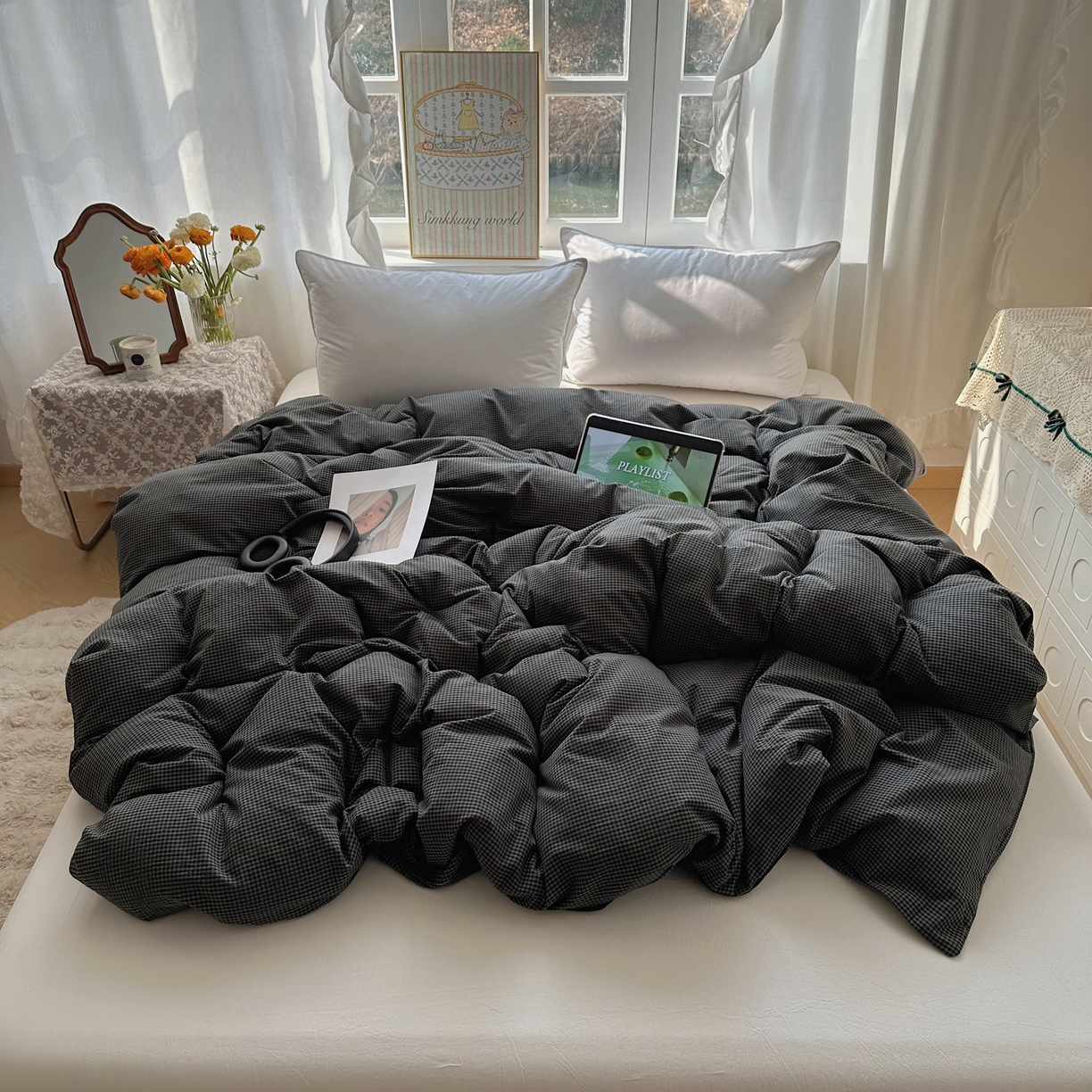91家纺网 家纺一手货源 找家纺 六巷胡同 2026新款A类全棉纯棉水洗棉色织格子单品被套 被套单件 觅影-黑格