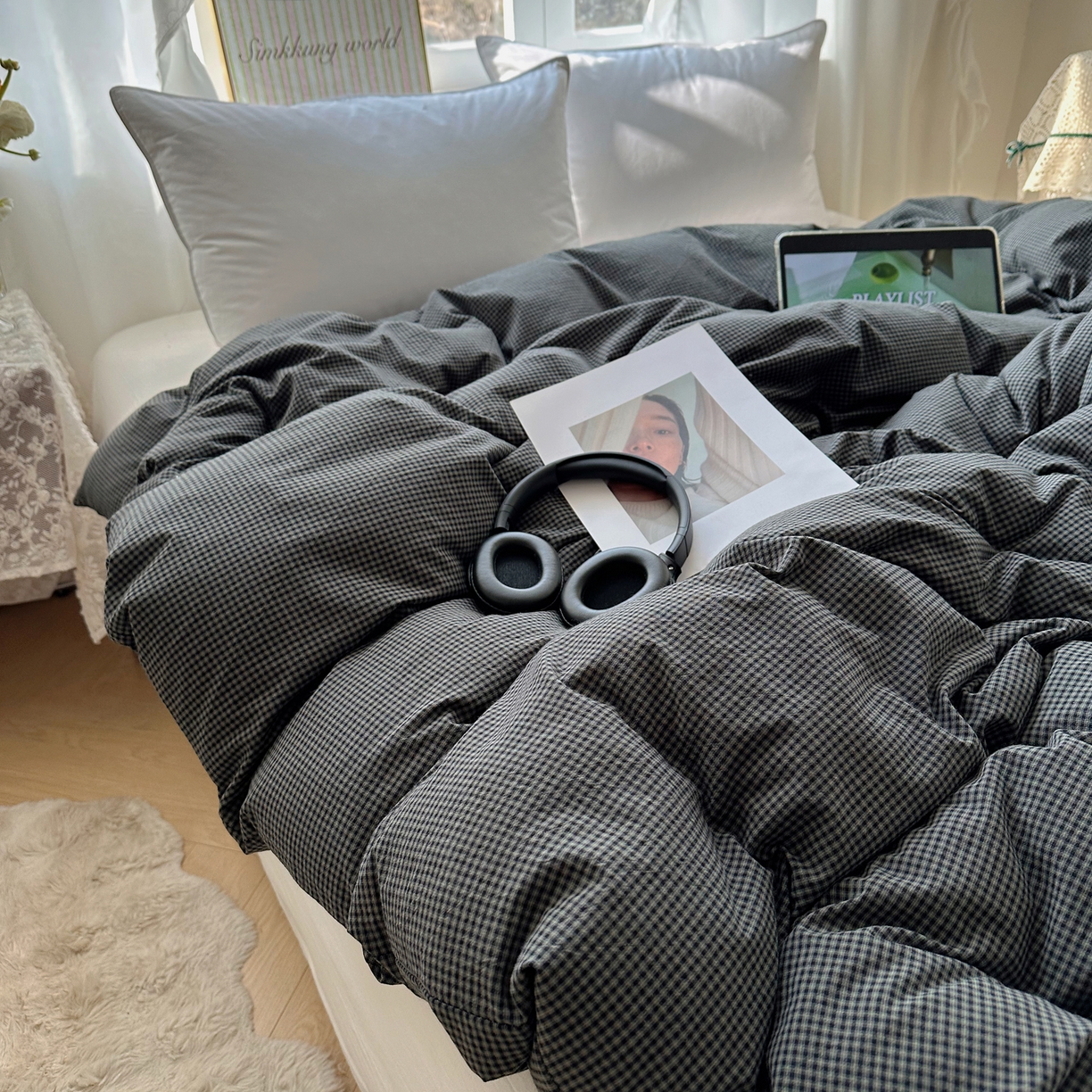 91家纺网 家纺一手货源 找家纺 六巷胡同 2026新款A类全棉纯棉水洗棉色织格子单品被套 被套单件 觅影-黑格