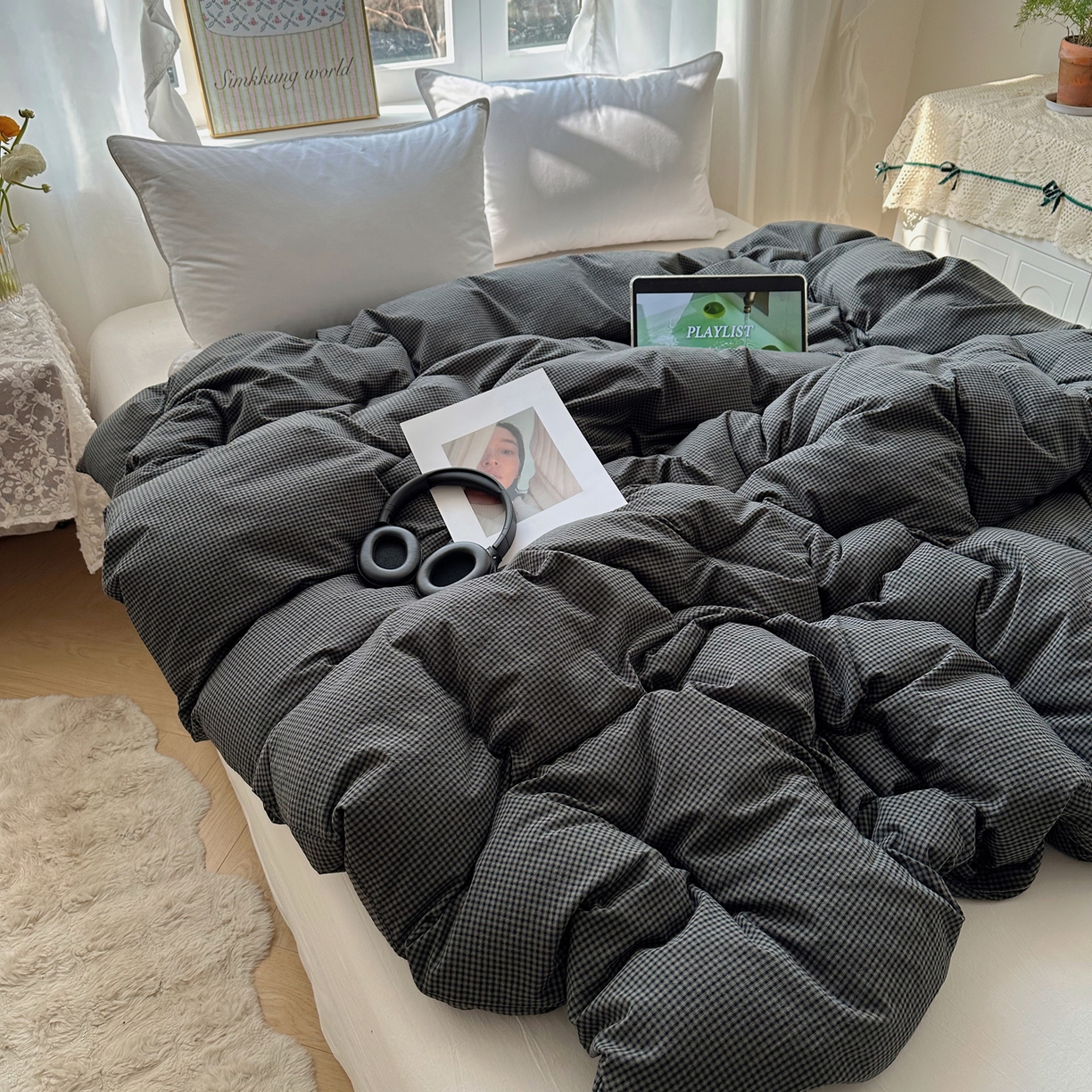 91家纺网 家纺一手货源 找家纺 六巷胡同 2026新款A类全棉纯棉水洗棉色织格子单品被套 被套单件 觅影-黑格