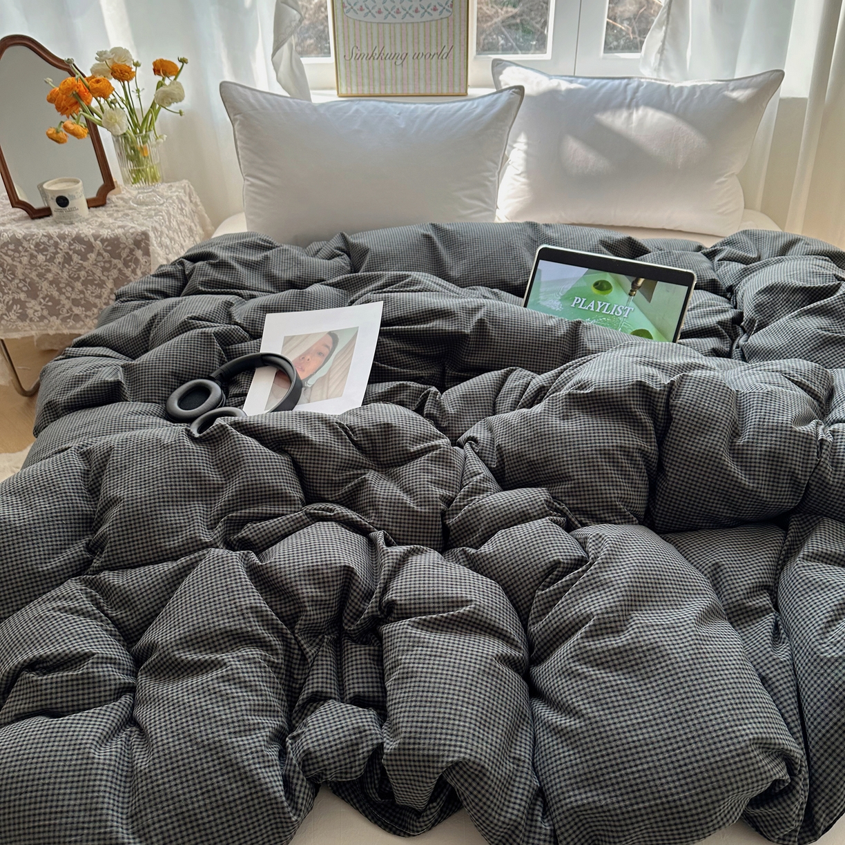 91家纺网 家纺一手货源 找家纺 六巷胡同 2026新款A类全棉纯棉水洗棉色织格子单品被套 被套单件 觅影-黑格