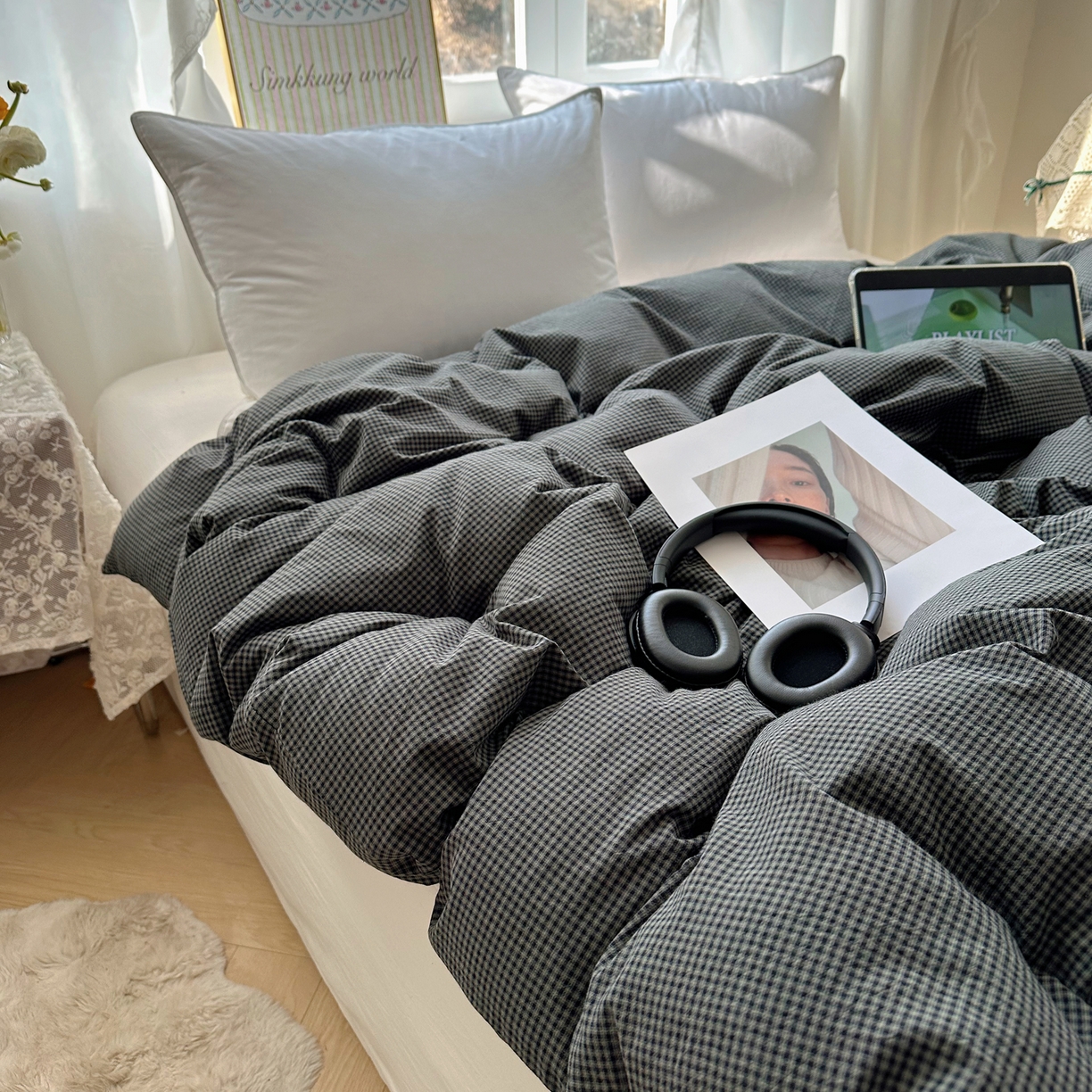 91家纺网 家纺一手货源 找家纺 六巷胡同 2026新款A类全棉纯棉水洗棉色织格子单品被套 被套单件 觅影-黑格