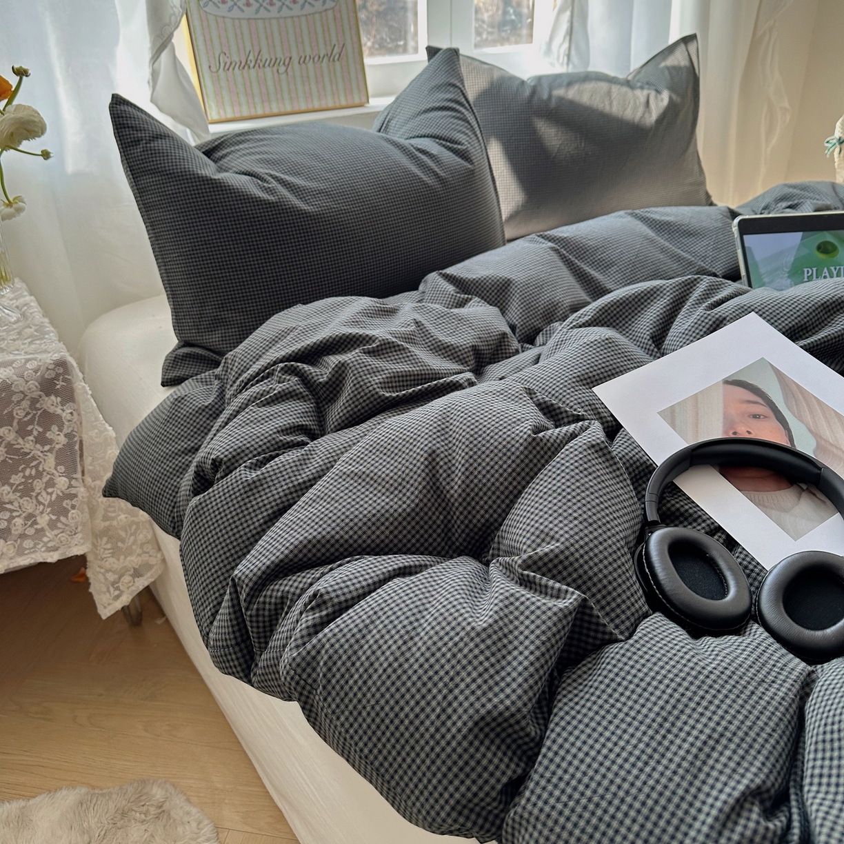 91家纺网 家纺一手货源 找家纺 六巷胡同 2026新款A类全棉纯棉水洗棉色织格子单品被套 被套单件 觅影-黑格