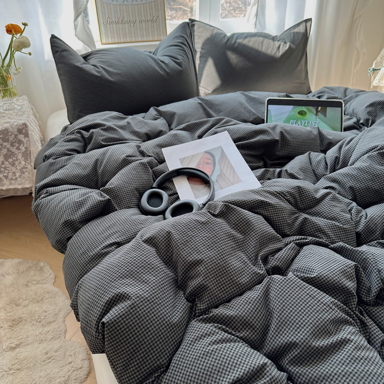 91家纺网 家纺一手货源 找家纺 六巷胡同 2026新款A类全棉纯棉水洗棉色织格子单品被套 被套单件 觅影-黑格