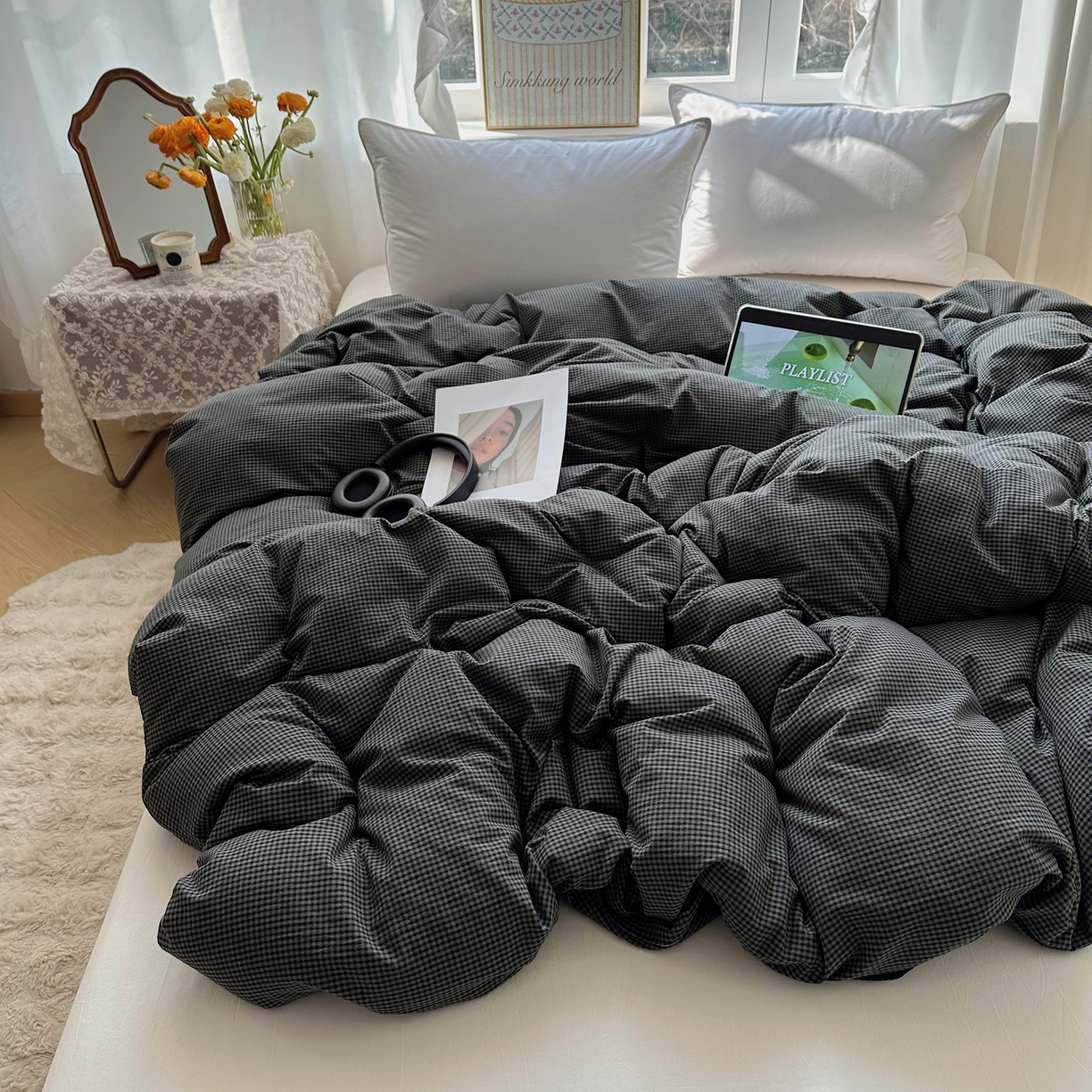 91家纺网 家纺一手货源 找家纺 六巷胡同 2026新款A类全棉纯棉水洗棉色织格子单品被套 被套单件 觅影-黑格