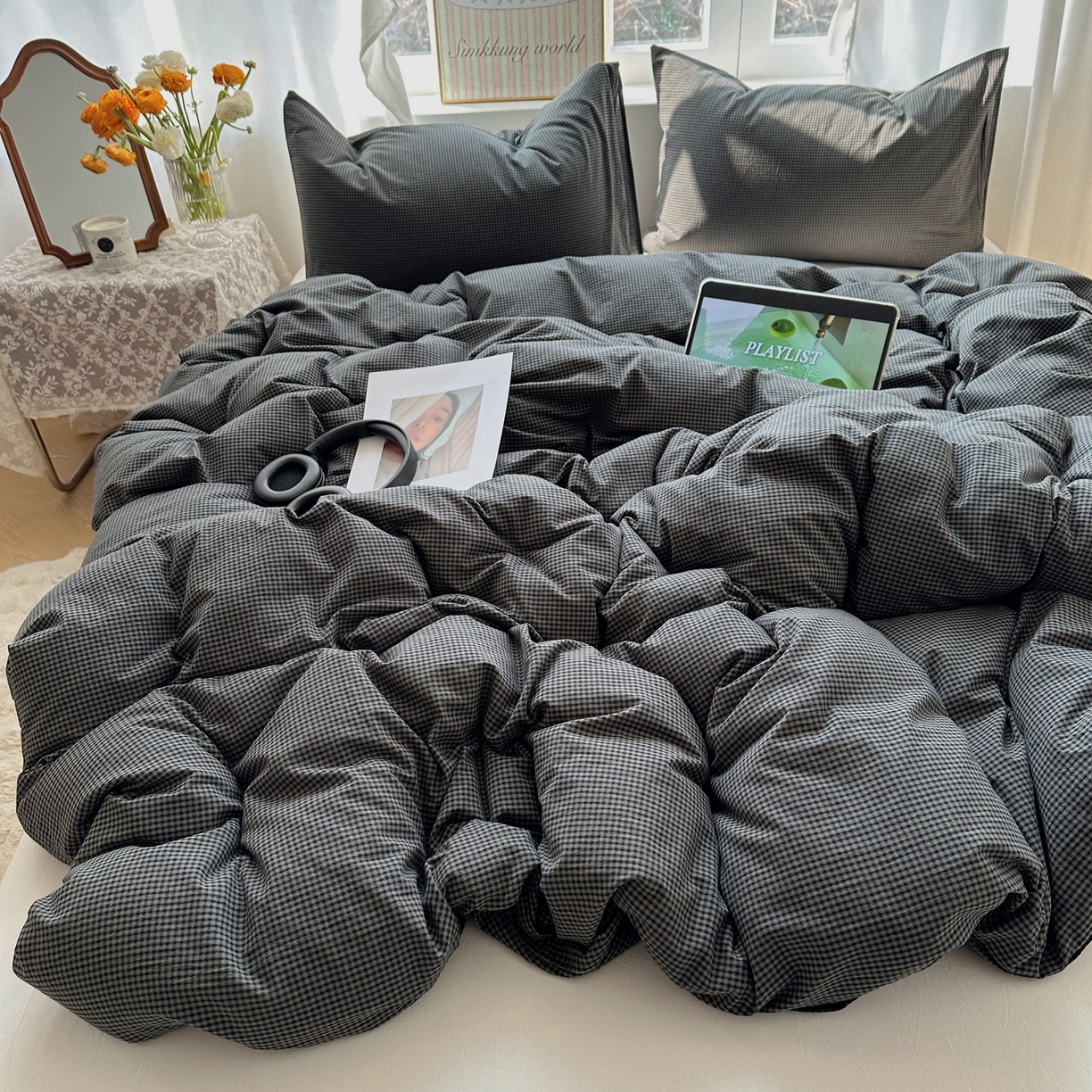 91家纺网 家纺一手货源 找家纺 六巷胡同 2026新款A类全棉纯棉水洗棉色织格子单品被套 被套单件 觅影-黑格