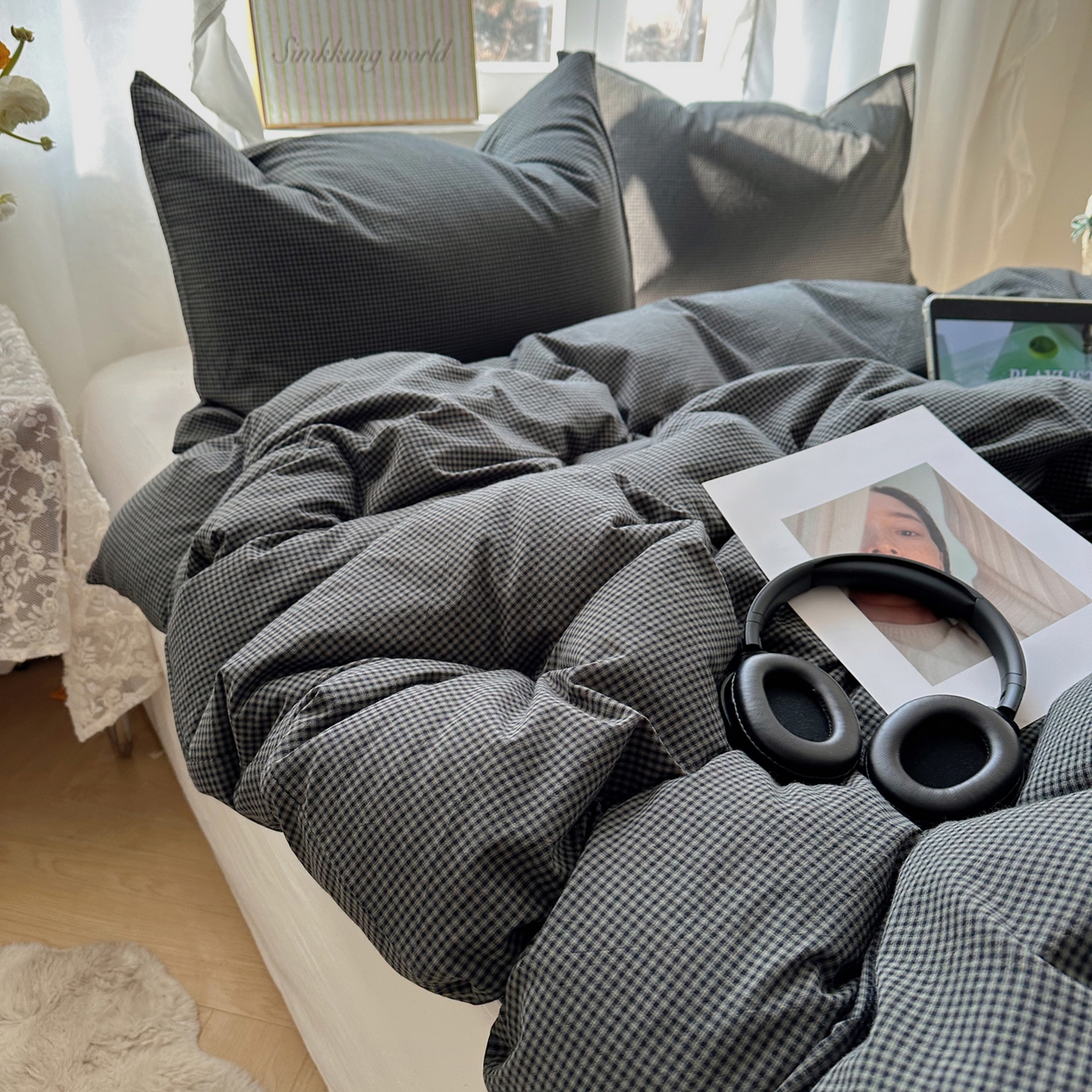 91家纺网 家纺一手货源 找家纺 六巷胡同 2026新款A类全棉纯棉水洗棉色织格子单品被套 被套单件 觅影-黑格