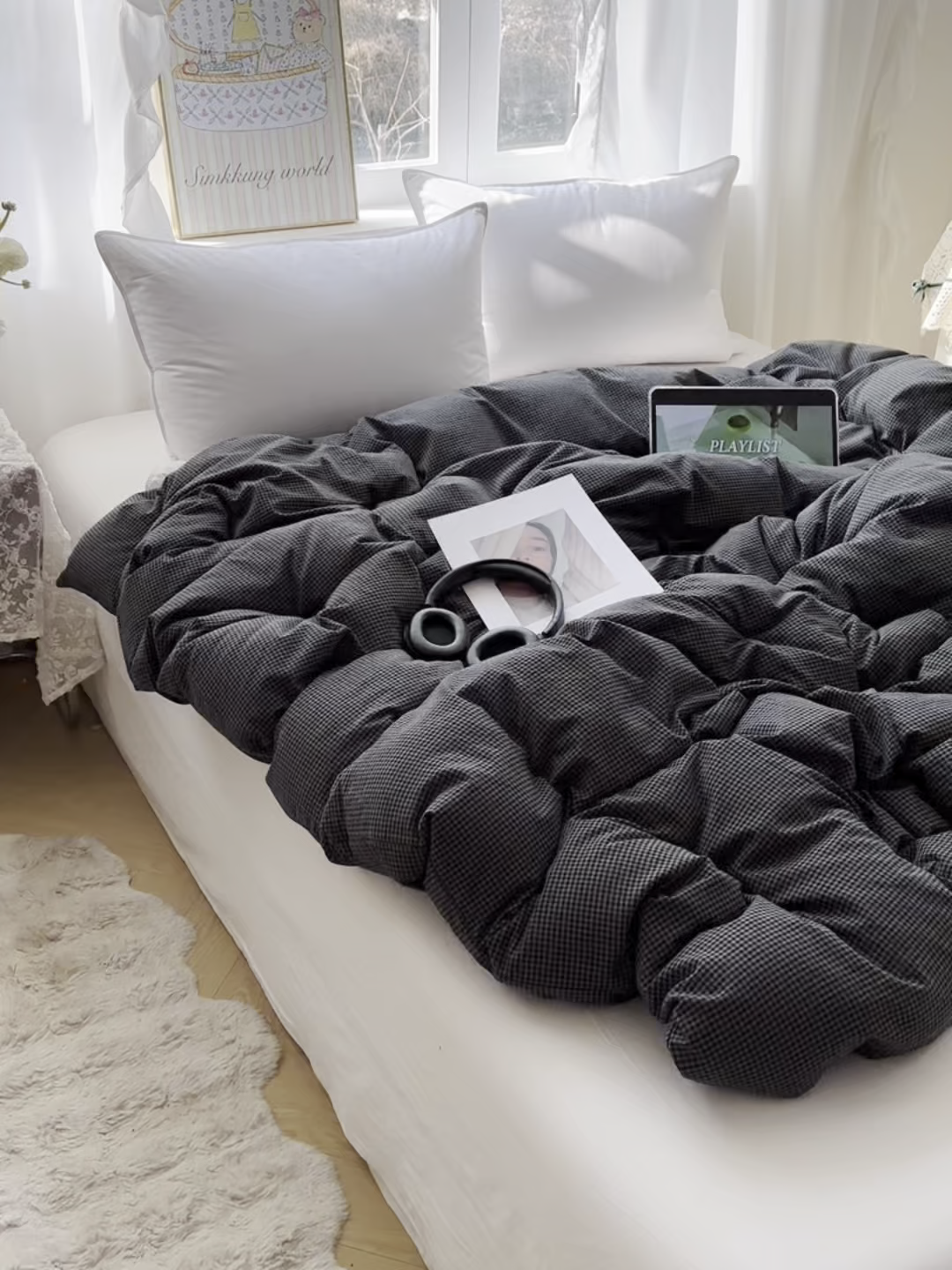 91家纺网 家纺一手货源 找家纺 六巷胡同 2026新款A类全棉纯棉水洗棉色织格子单品被套 被套单件 觅影-黑格