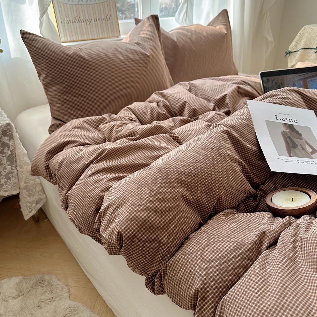 六巷胡同 2026新款A类全棉纯棉水洗棉色织格子单品被套 被套单件 觅影-咖格