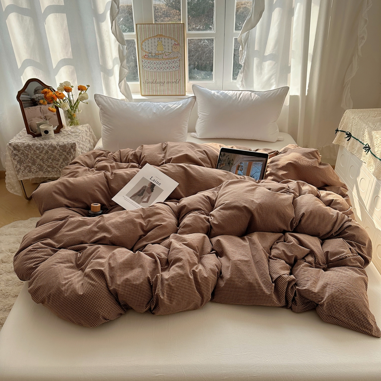 91家纺网 家纺一手货源 找家纺 六巷胡同 2026新款A类全棉纯棉水洗棉色织格子单品被套 被套单件 觅影-咖格