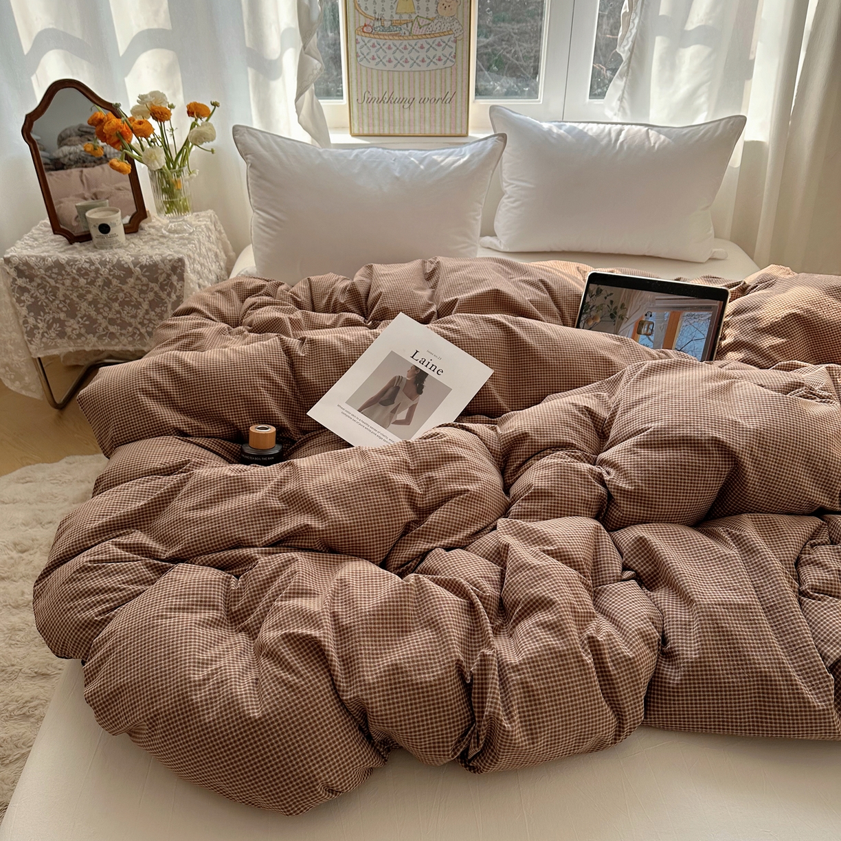 91家纺网 家纺一手货源 找家纺 六巷胡同 2026新款A类全棉纯棉水洗棉色织格子单品被套 被套单件 觅影-咖格