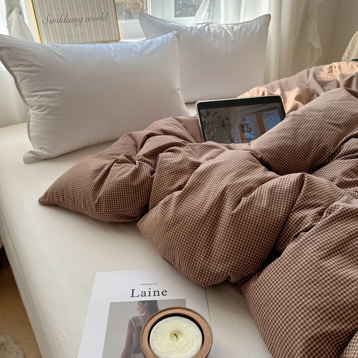 91家纺网 家纺一手货源 找家纺 六巷胡同 2026新款A类全棉纯棉水洗棉色织格子单品被套 被套单件 觅影-咖格