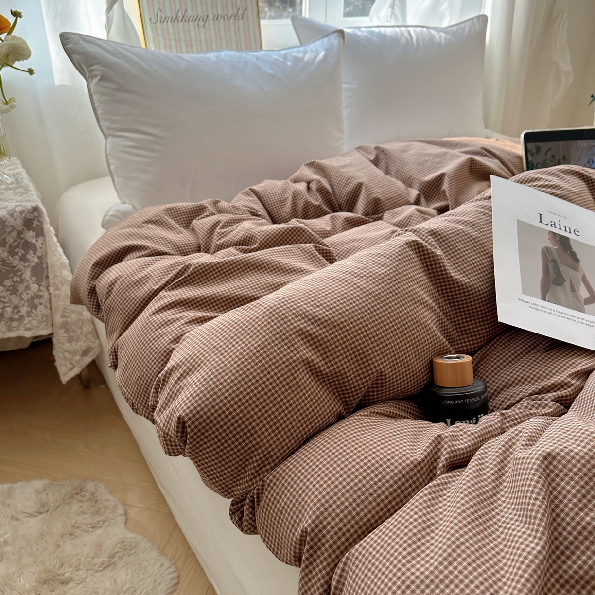 91家纺网 家纺一手货源 找家纺 六巷胡同 2026新款A类全棉纯棉水洗棉色织格子单品被套 被套单件 觅影-咖格