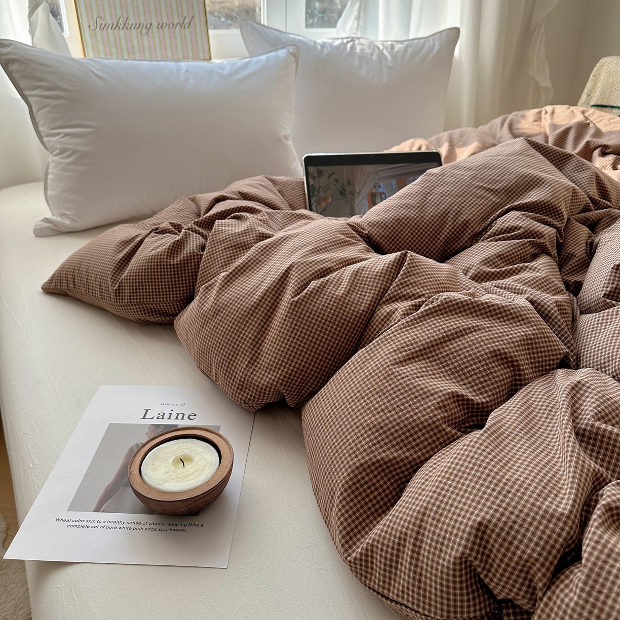 91家纺网 家纺一手货源 找家纺 六巷胡同 2026新款A类全棉纯棉水洗棉色织格子单品被套 被套单件 觅影-咖格