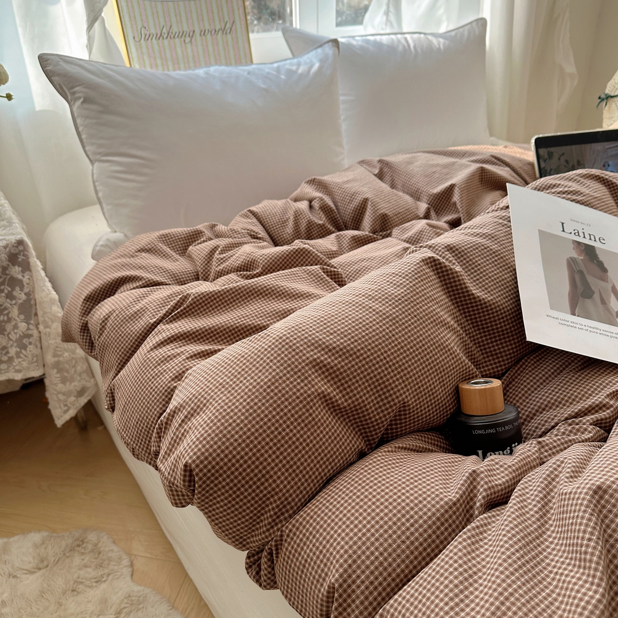 91家纺网 家纺一手货源 找家纺 六巷胡同 2026新款A类全棉纯棉水洗棉色织格子单品被套 被套单件 觅影-咖格