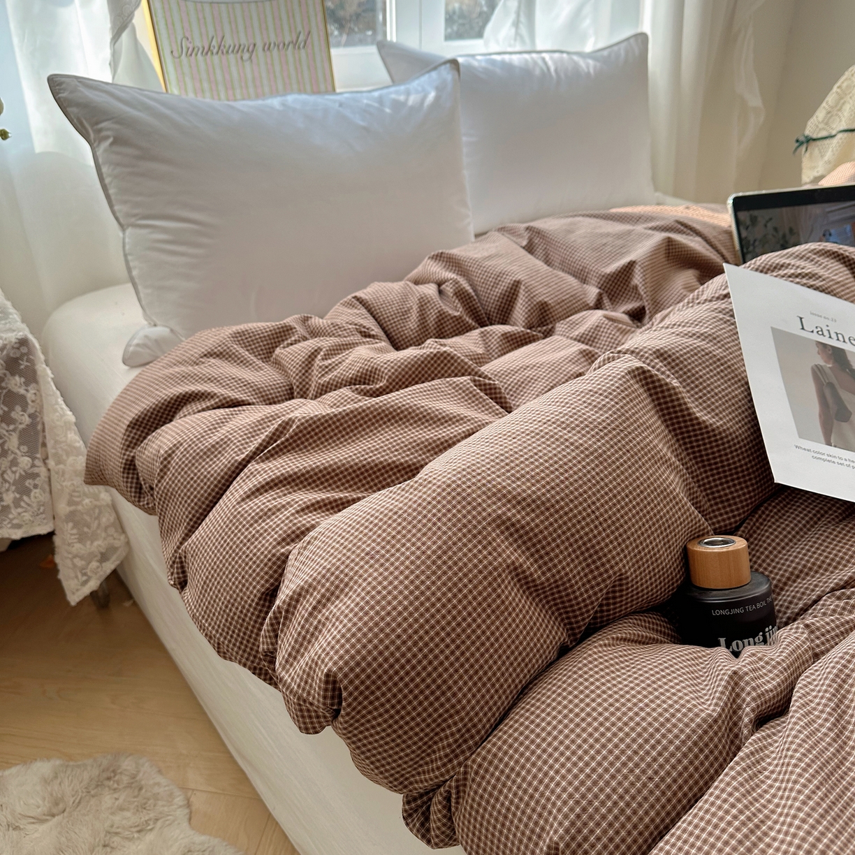91家纺网 家纺一手货源 找家纺 六巷胡同 2026新款A类全棉纯棉水洗棉色织格子单品被套 被套单件 觅影-咖格