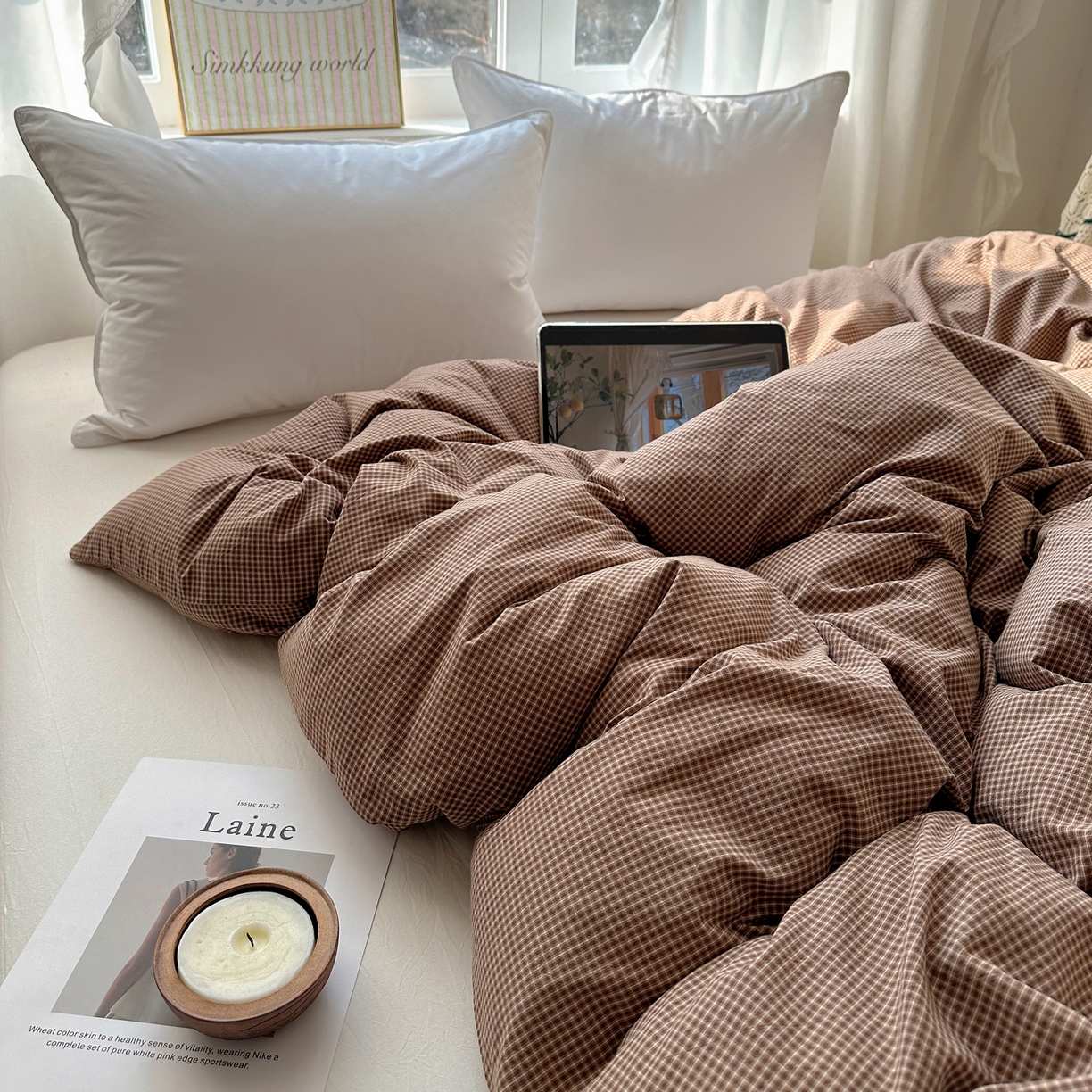 91家纺网 家纺一手货源 找家纺 六巷胡同 2026新款A类全棉纯棉水洗棉色织格子单品被套 被套单件 觅影-咖格