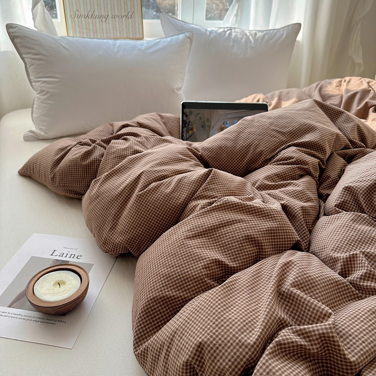 91家纺网 家纺一手货源 找家纺 六巷胡同 2026新款A类全棉纯棉水洗棉色织格子单品被套 被套单件 觅影-咖格