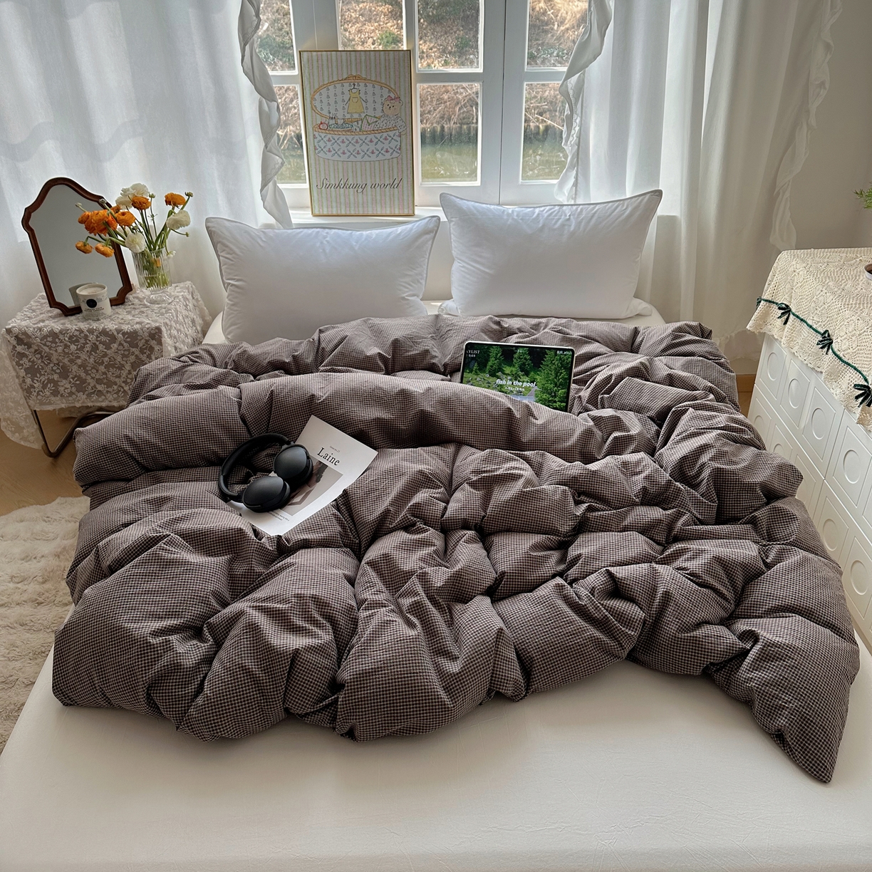 91家纺网 家纺一手货源 找家纺 六巷胡同 2026新款A类全棉纯棉水洗棉色织格子单品被套 被套单件 觅影-棕格