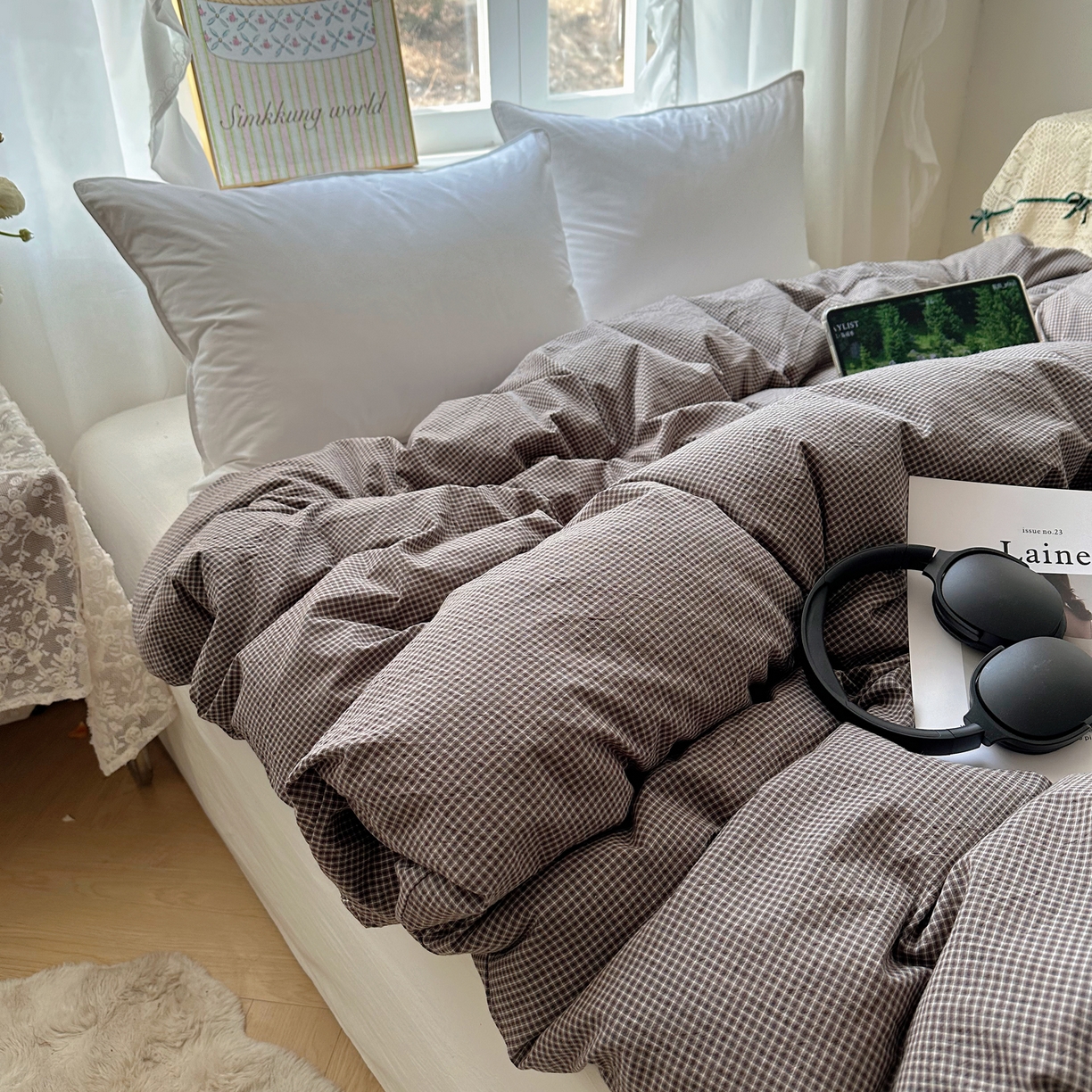 91家纺网 家纺一手货源 找家纺 六巷胡同 2026新款A类全棉纯棉水洗棉色织格子单品被套 被套单件 觅影-棕格