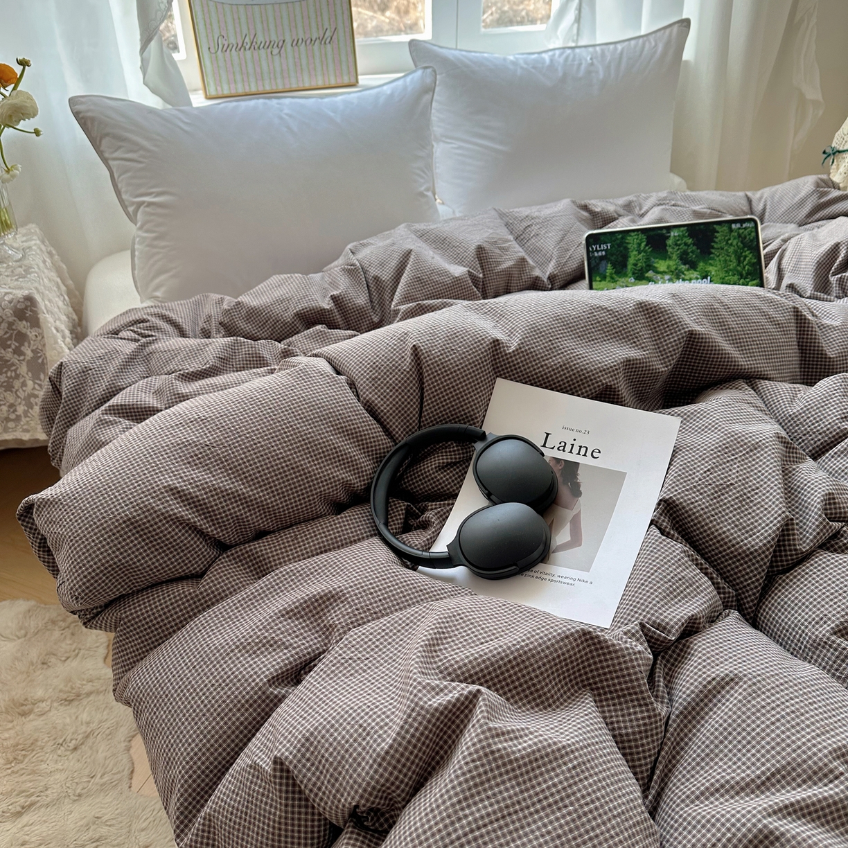 91家纺网 家纺一手货源 找家纺 六巷胡同 2026新款A类全棉纯棉水洗棉色织格子单品被套 被套单件 觅影-棕格