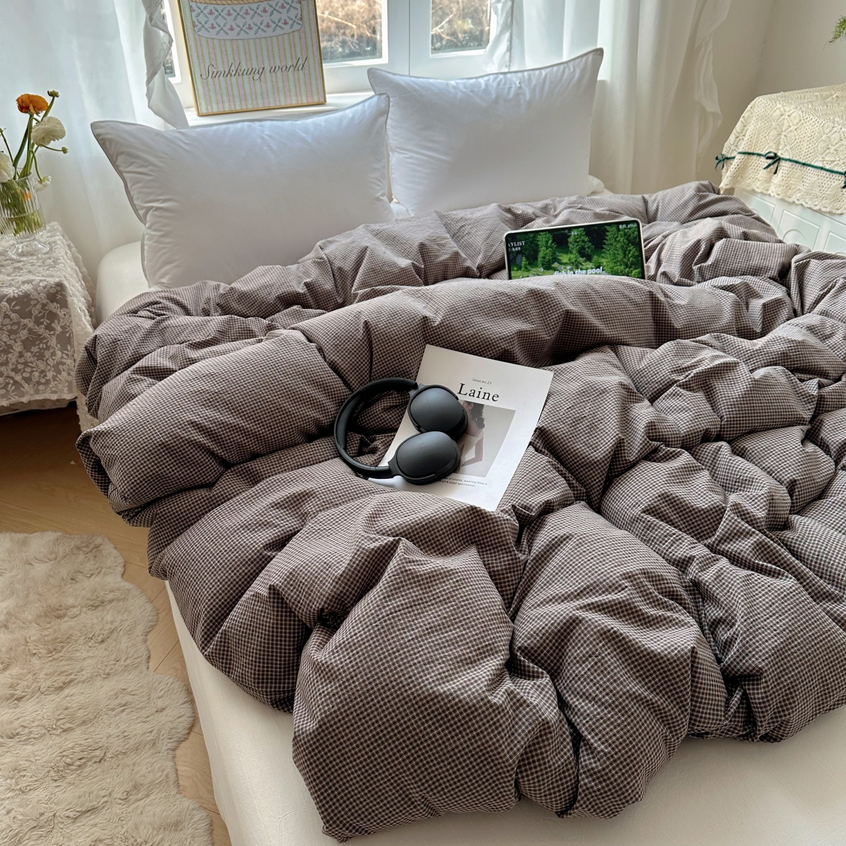 91家纺网 家纺一手货源 找家纺 六巷胡同 2026新款A类全棉纯棉水洗棉色织格子单品被套 被套单件 觅影-棕格