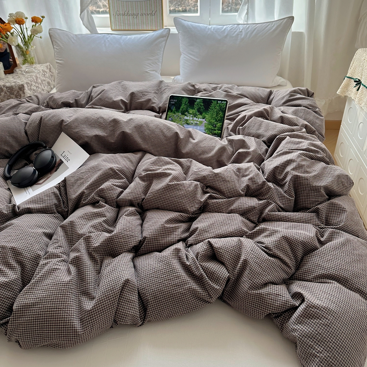 91家纺网 家纺一手货源 找家纺 六巷胡同 2026新款A类全棉纯棉水洗棉色织格子单品被套 被套单件 觅影-棕格
