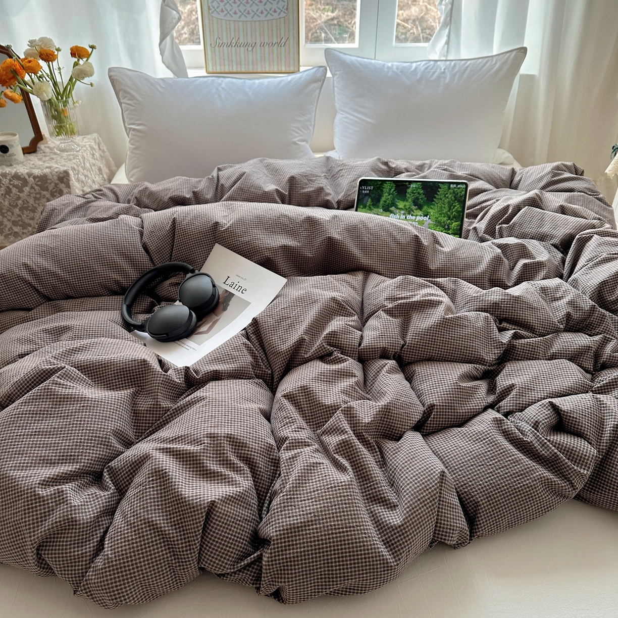 91家纺网 家纺一手货源 找家纺 六巷胡同 2026新款A类全棉纯棉水洗棉色织格子单品被套 被套单件 觅影-棕格