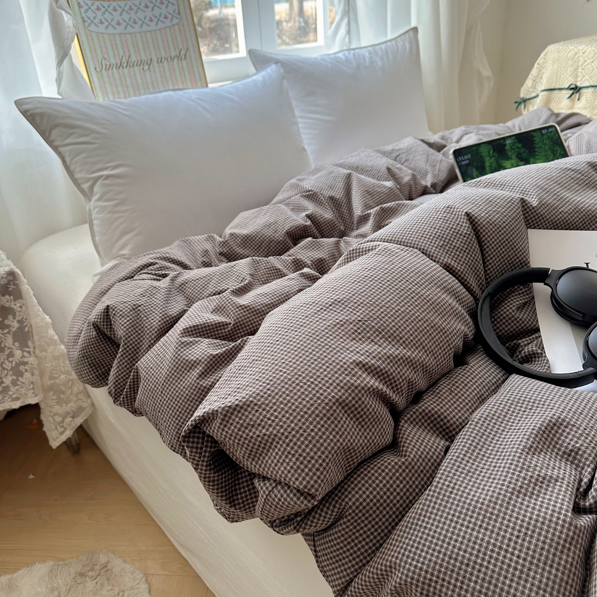 91家纺网 家纺一手货源 找家纺 六巷胡同 2026新款A类全棉纯棉水洗棉色织格子单品被套 被套单件 觅影-棕格