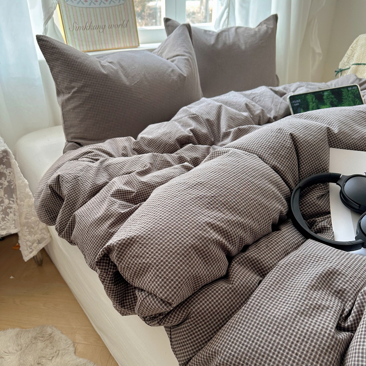 91家纺网 家纺一手货源 找家纺 六巷胡同 2026新款A类全棉纯棉水洗棉色织格子单品被套 被套单件 觅影-棕格