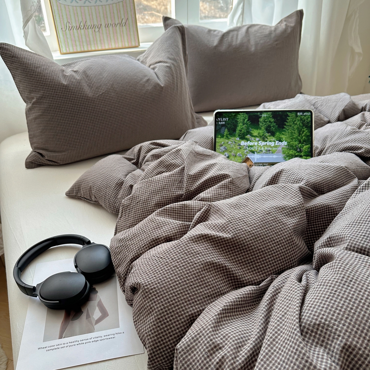 91家纺网 家纺一手货源 找家纺 六巷胡同 2026新款A类全棉纯棉水洗棉色织格子单品被套 被套单件 觅影-棕格