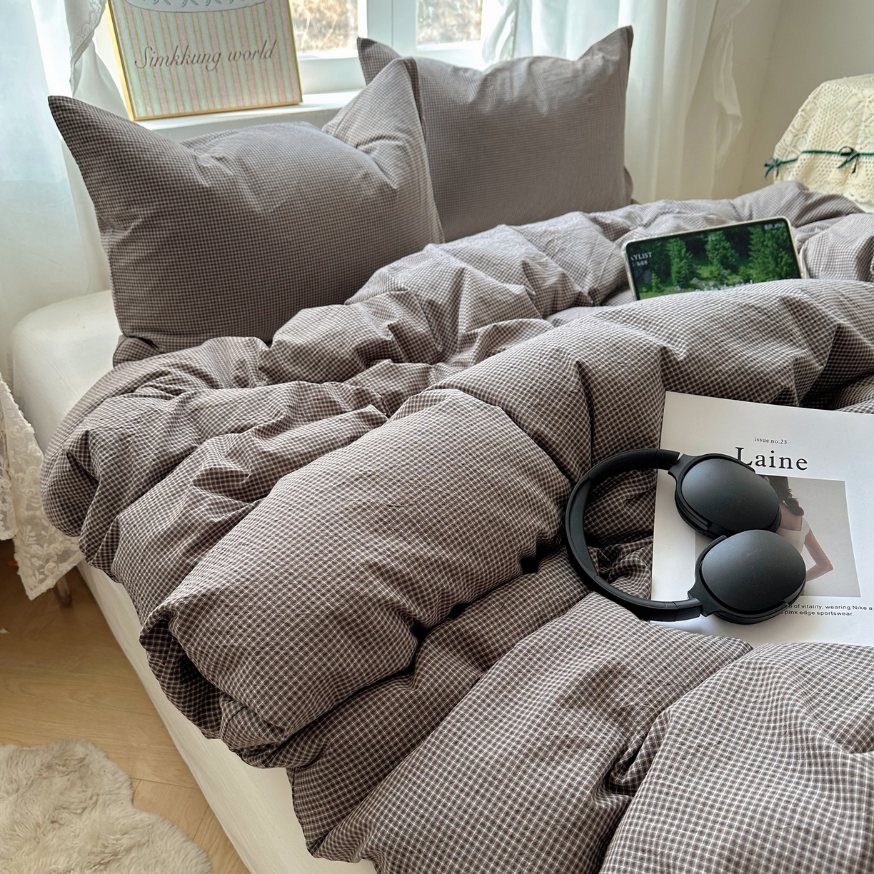 91家纺网 家纺一手货源 找家纺 六巷胡同 2026新款A类全棉纯棉水洗棉色织格子单品被套 被套单件 觅影-棕格