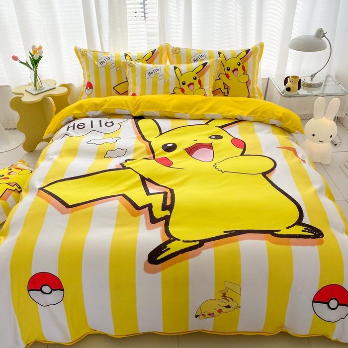 91家纺网 家纺一手货源 找家纺 一电 2026新款卡通被套单件被罩男女儿童学生宿舍单人被单男孩卡幼儿园单人被罩-2.磨毛被套 开心皮卡丘