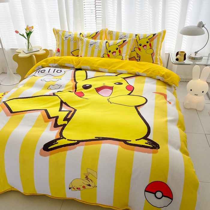 91家纺网 家纺一手货源 找家纺 一电 2026新款卡通被套单件被罩男女儿童学生宿舍单人被单男孩卡幼儿园单人被罩-2.磨毛被套 开心皮卡丘