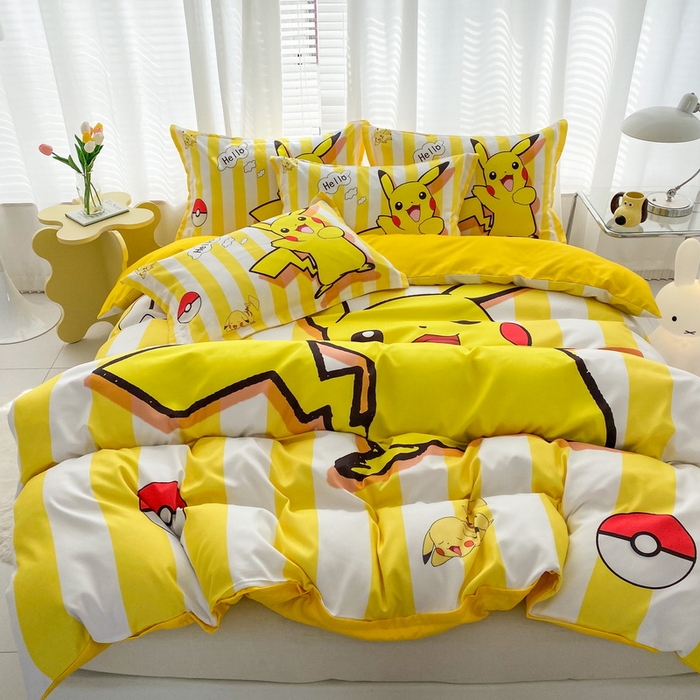 91家纺网 家纺一手货源 找家纺 一电 2026新款卡通被套单件被罩男女儿童学生宿舍单人被单男孩卡幼儿园单人被罩-2.磨毛被套 开心皮卡丘