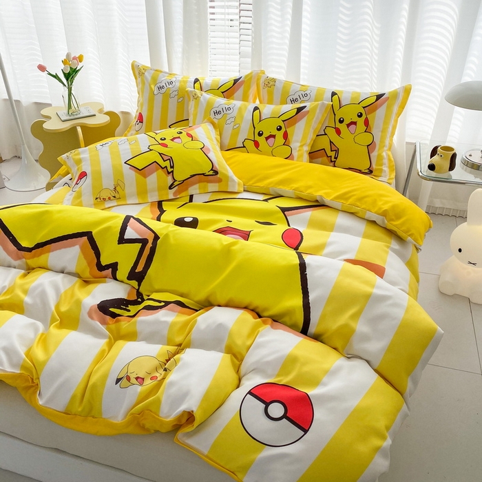 91家纺网 家纺一手货源 找家纺 一电 2026新款卡通被套单件被罩男女儿童学生宿舍单人被单男孩卡幼儿园单人被罩-2.磨毛被套 开心皮卡丘